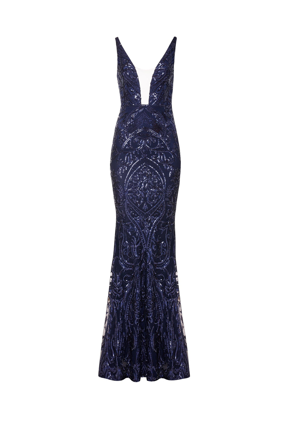 Salma - Navy Sequin Gown with Plunging Neckline and Mermaid Train