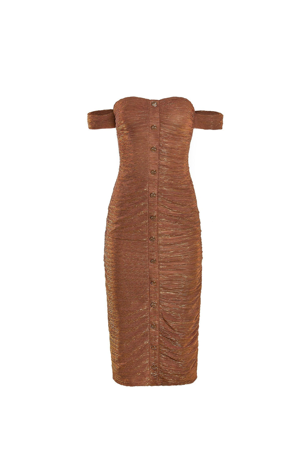 Edaline Iridescent Rust Midi with Off-Shoulder Sleeves