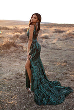 A&N Luxe Danica  - Emerald Sequin Mermaid Gown with Side Slit