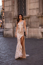 Pauletta - Nude One Shoulder Patterned Sequin Gown with Side Slit