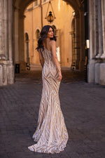 Pauletta - Nude One Shoulder Patterned Sequin Gown with Side Slit