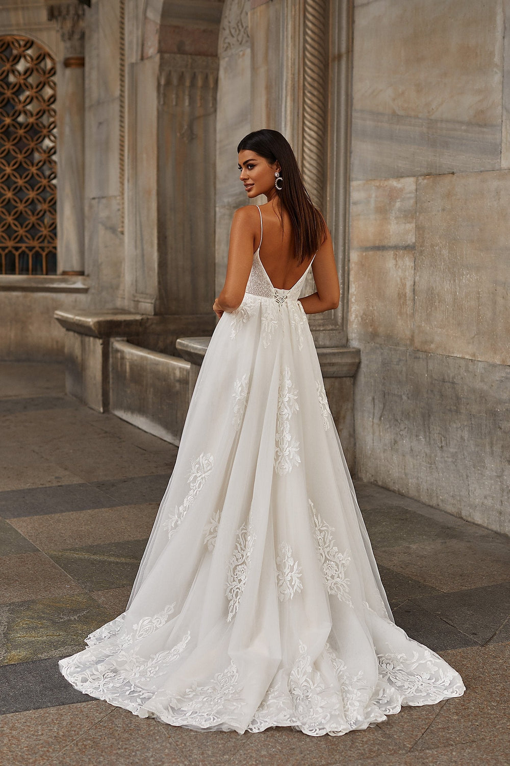 Ela Gown - Lace Tulle Bridal Gown with Plunge Neckline and Lace Back