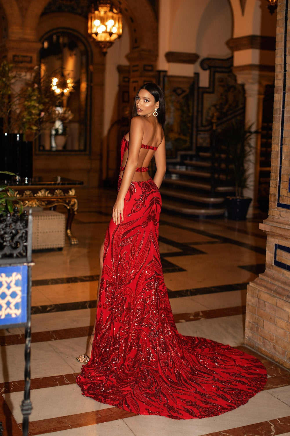 Levina - Red Strapless Sequin Gown with Side Slit & Open Back