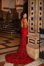 Levina - Red Strapless Sequin Gown with Side Slit & Open Back