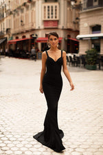 Celesta - Black Mermaid Crepe Gown with V-neck and Train