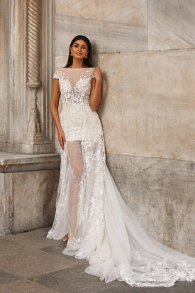Alara Gown - Sheer Floral Wedding Gown with Detachable Train