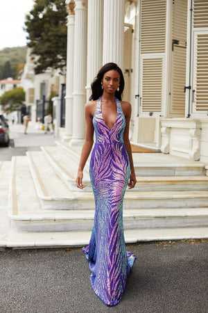 Diamante - Iridescent Multicoloured Sequin Halterneck Gown with Train