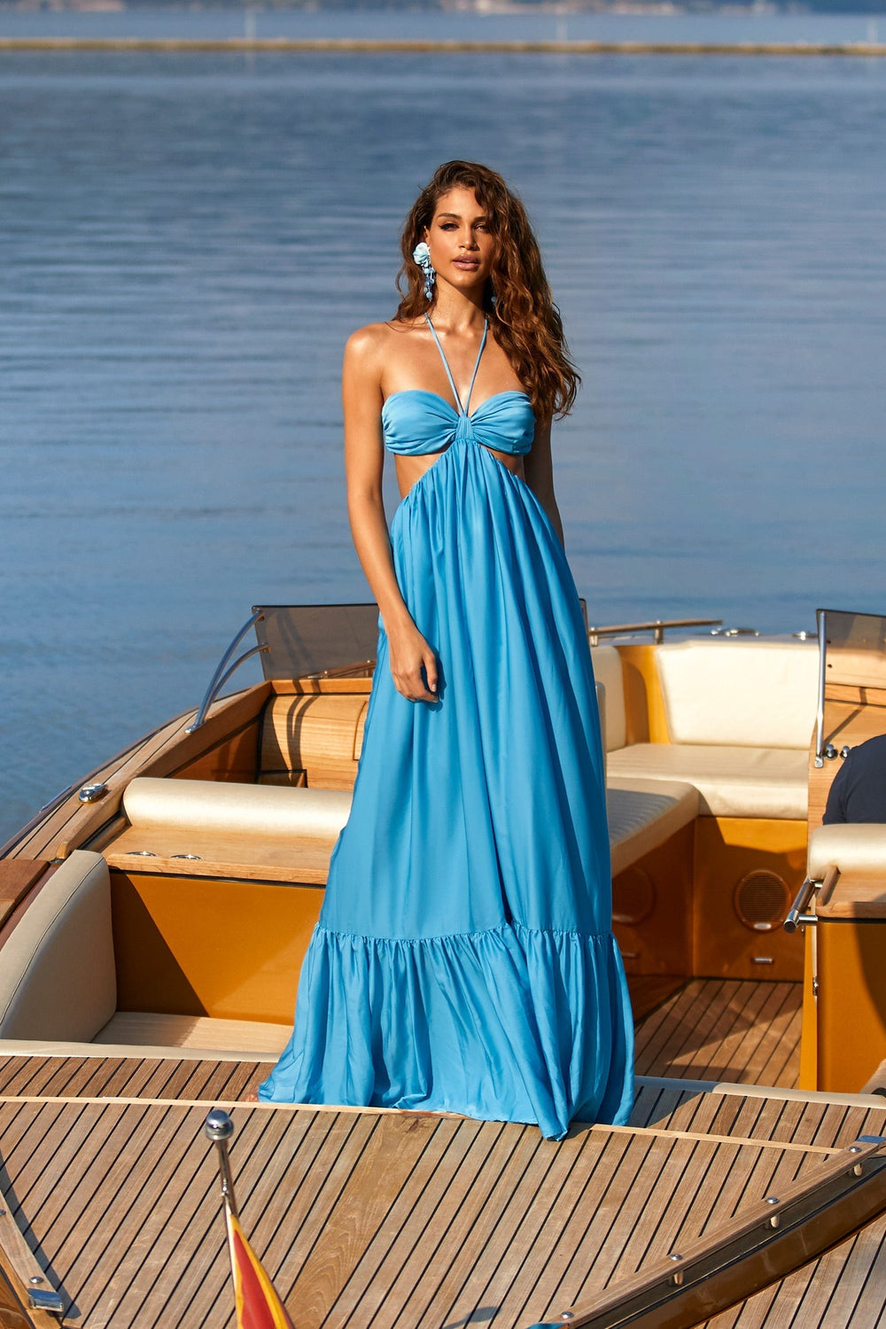 Arella Blue Halter Maxi Dress with Waist Cut-Outs