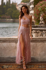 Kinsey - Blush Sequin Mesh Gown with One-Shoulder, Waist Cut-Outs and Side Slit