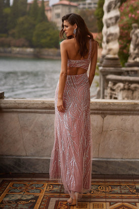 Kinsey - Blush Sequin Mesh Gown with One-Shoulder, Waist Cut-Outs and Side Slit