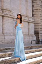 Amila - Sky Blue Satin Gown with Cowl Neck, Slit & Tie-Up Straps