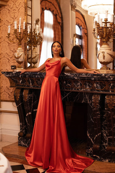 Livnia Satin Gown - Orange Alamour Made-To-Order Livnia Orange Satin Gown | Afterpay | Klarna | Zip Pay