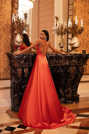 Livnia - Orange Satin A-Line Gown with Cowl Neck & Criss Cross Back