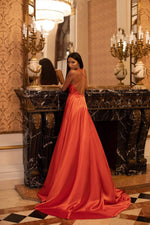 Livnia - Orange Satin A-Line Gown with Cowl Neck & Criss Cross Back
