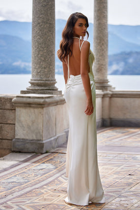 Elizabeth - White Satin Gown with Pearl Bodice and Side Slit