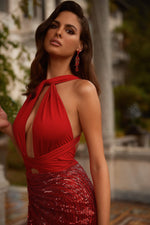 Paloma - Red Multiway Gown with Sequin Skirt and Jersey Bodice with a Side Slit