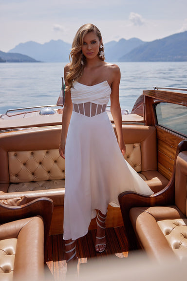 Rosanna - White Satin Dress with Sheer Boned Bodice and A-Line Skirt
