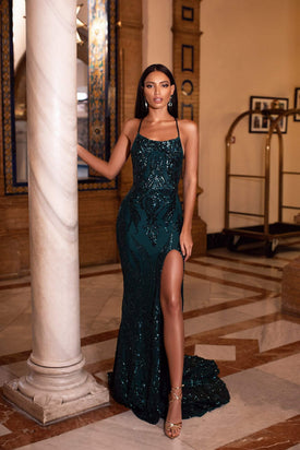 Zerlina - Emerald Patterned Sequin Gown with Side Slit & Lace Up Back