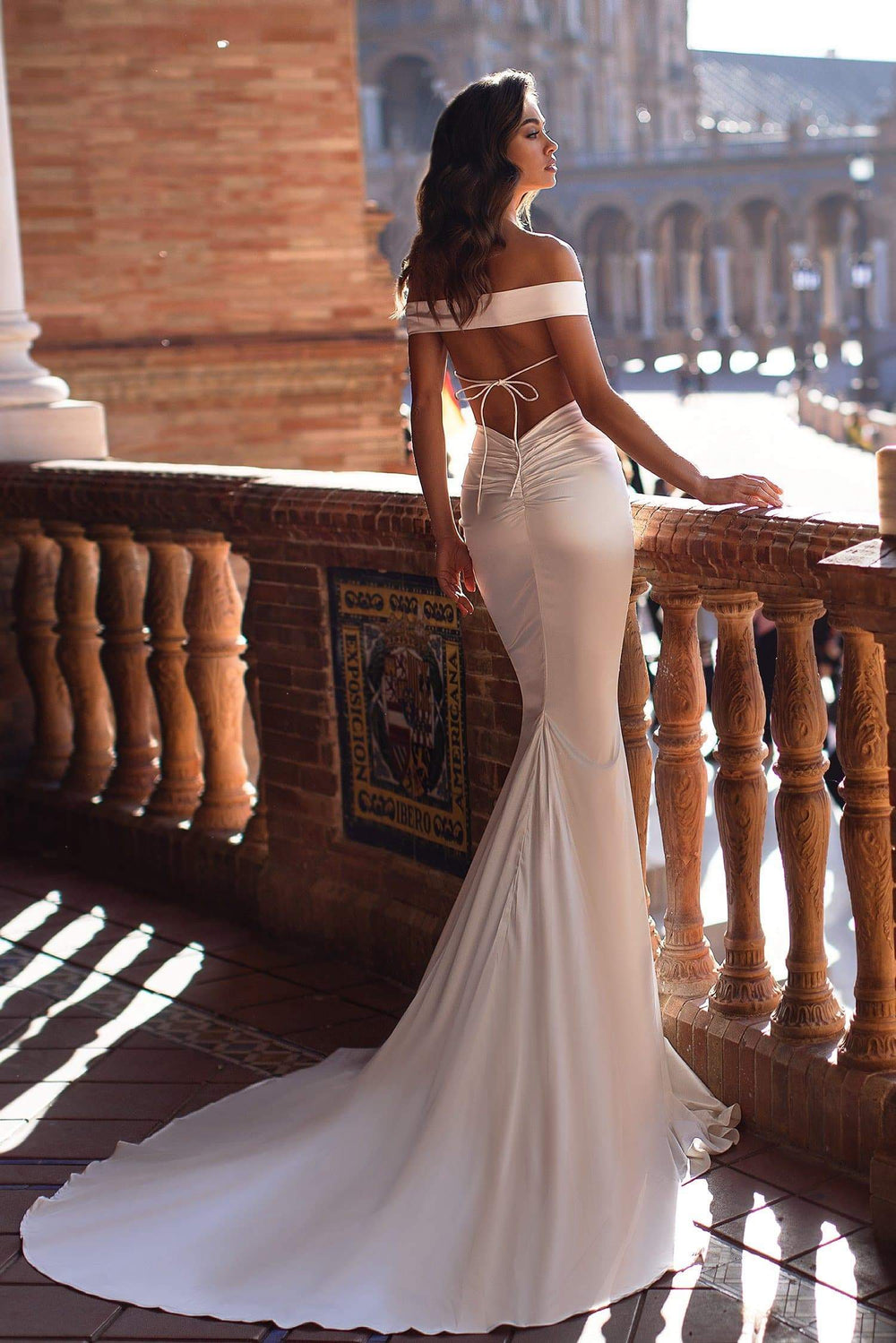 Dulce - White Off-Shoulder Satin Gown with Open Back & Mermaid Train