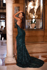 Zerlina - Emerald Patterned Sequin Gown with Side Slit & Lace Up Back