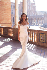 Dulce - White Off-Shoulder Satin Gown with Open Back & Mermaid Train