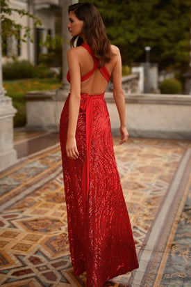 Paloma - Red Multiway Gown with Sequin Skirt and Jersey Bodice with a Side Slit