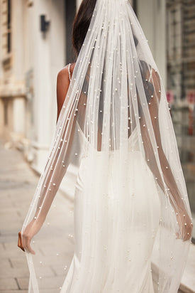 Pearl Veil - Tulle Long Bridal Veil with Pearl Detailing