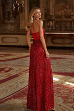 Jackie - Red Sequin Gown with Sheer Bodice and Halter Neck