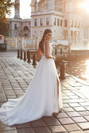 Sanem Gown - High Slit Mini Skirt Bridal Dress with Bow Sleeves