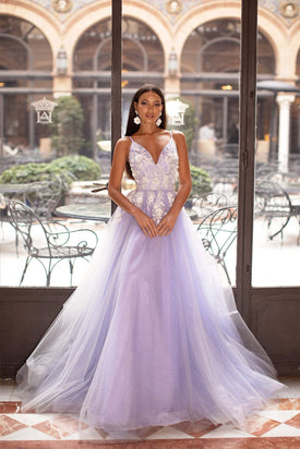 Ysabelle - Lilac Tulle Embellished A-Line Gown with Lace-Up Back