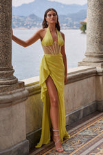 Mimi - Lime Sequin Halter Dress with Sheer Boned Bodice with Frill Side and Side Slit