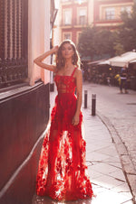 Mariella - Red 3D Floral Embellished Gown with Structured Bodice 