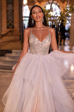Valeriya - Sky Blue, Silver & Nude Beaded Tulle Gown with Open Back