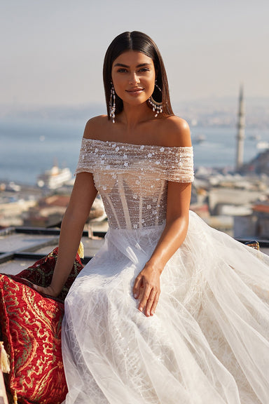 Sibeli Gown - Sheer Bridal Gown with Detachable Arm Drape