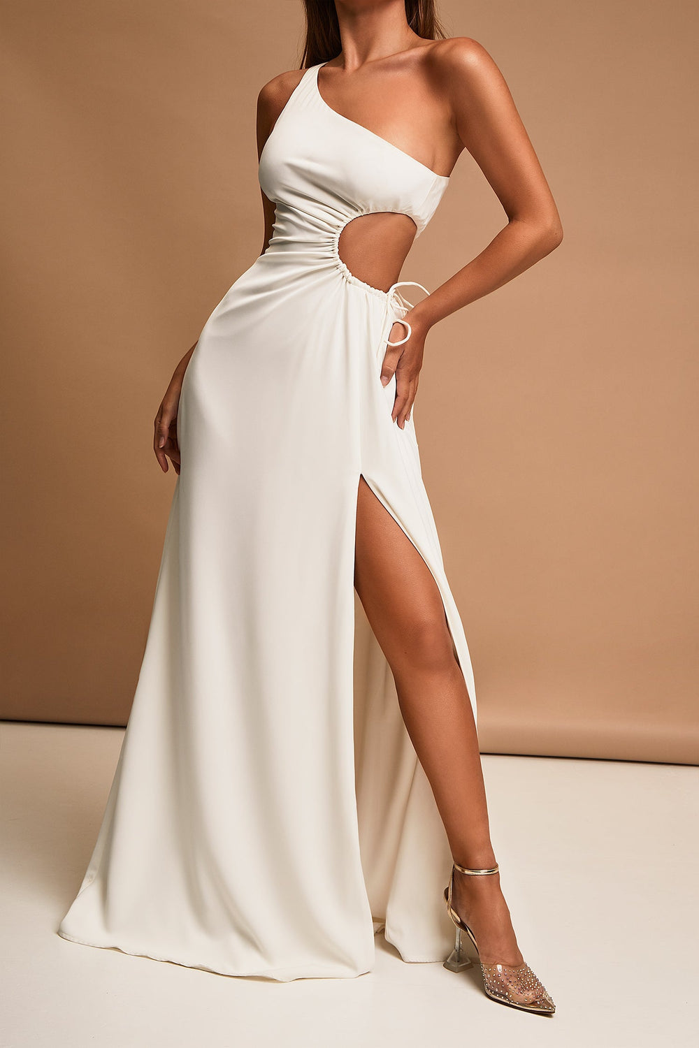 Rialda White Satin Maxi Dress with Waist Cut-Outs
