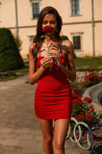 Madeline Dress - Red Lace-Up Mini with Frill Cups and Thin Sleeves