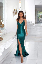 Desirae - Emerald Cowl Neck Satin Gown with Side Slit & Lace-Up Back