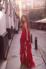 Mariella - Red 3D Floral Embellished Gown with Structured Bodice 