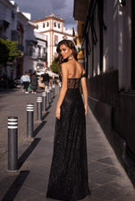 Ayelet - Black Strapless Glitter Gown with Off-Shoulder Sleeve & Slit