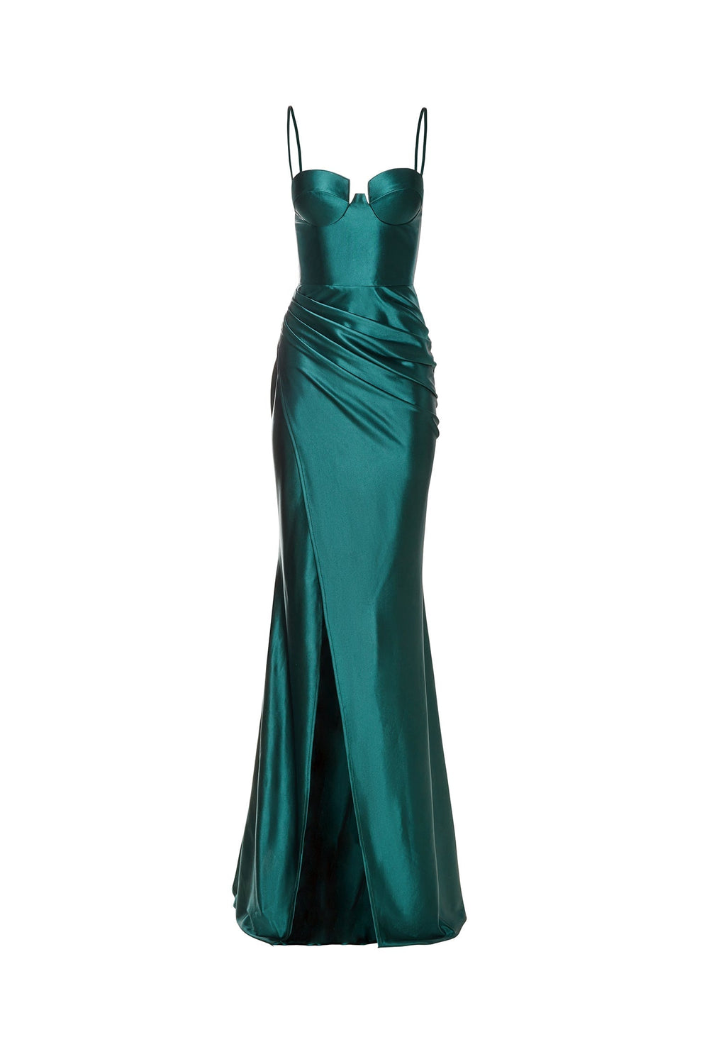 Nevali - Emerald Satin Gown with Dainty Straps and Side Slit