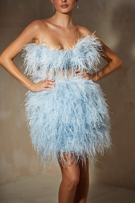 Paige Sky Blue Feather Mini Dress | Afterpay | Zip Pay | Sezzle