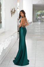 Desirae - Emerald Cowl Neck Satin Gown with Side Slit & Lace-Up Back