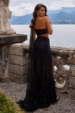 Delphie - Black Beaded Feather Gown with Off-Shoulder Cape and Waist Cut-Out