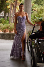 Eliza - Purple Beaded Strapless Gown with Side Slit & Lace-Up Back