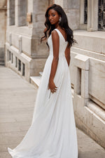 Keri Gown - White Crepe A-Line Bridal Gown with V-Neckline & Slit