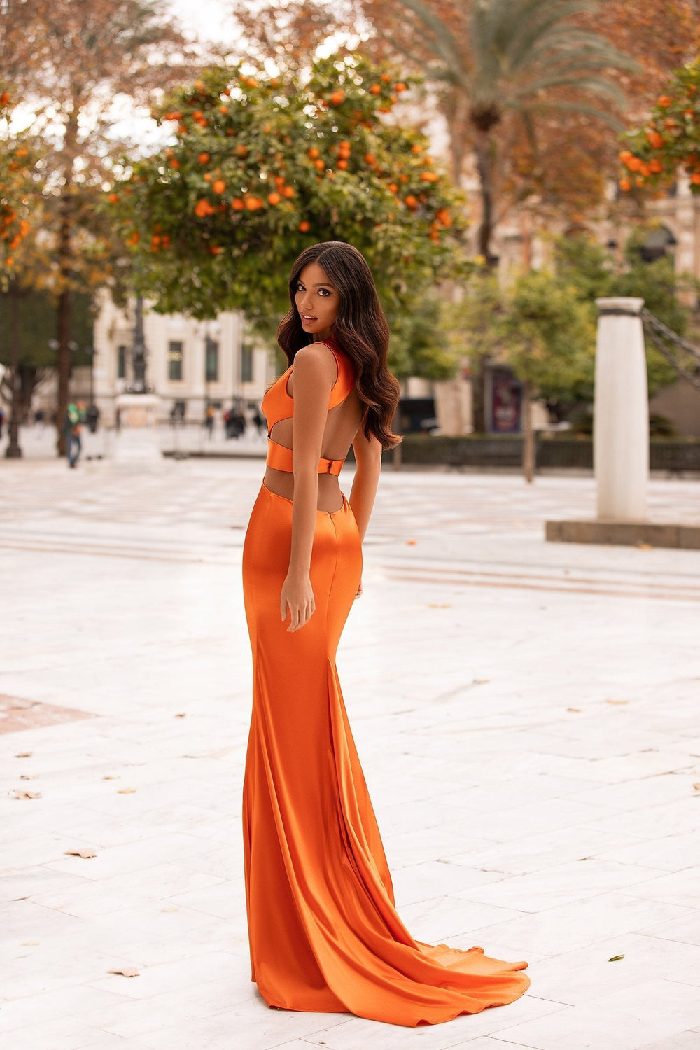 Alondra - Orange Satin Mermaid Gown with Plunge Neck & Cut Out Details