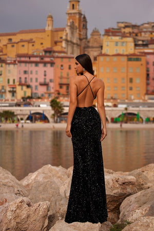 Lili - Black Sequin Plunge Neck Dress with Criss Cross Back