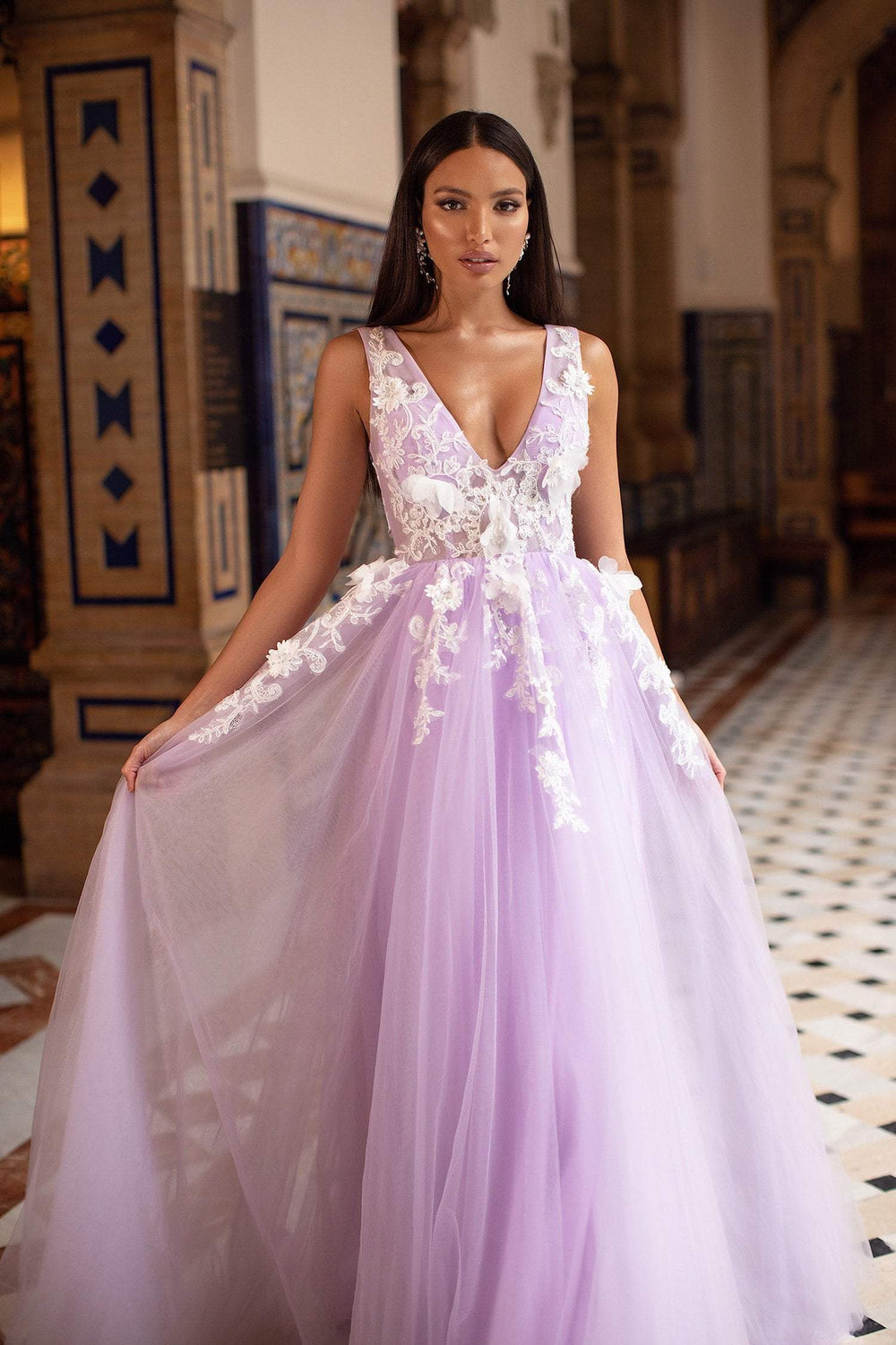 Kailani - Lilac Embellished A-Line Tulle Gown with V-Neck