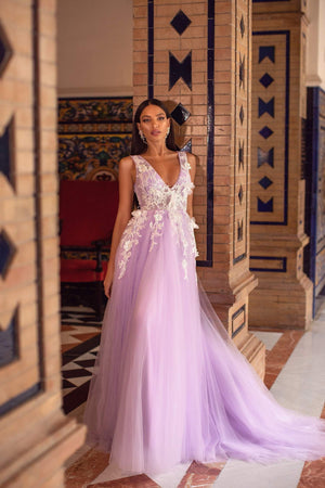 Kailani - Lilac Embellished A-Line Tulle Gown with V-Neck
