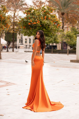 Alondra  - Orange Satin Mermaid Gown with Plunge Neck & Cut Out Details
